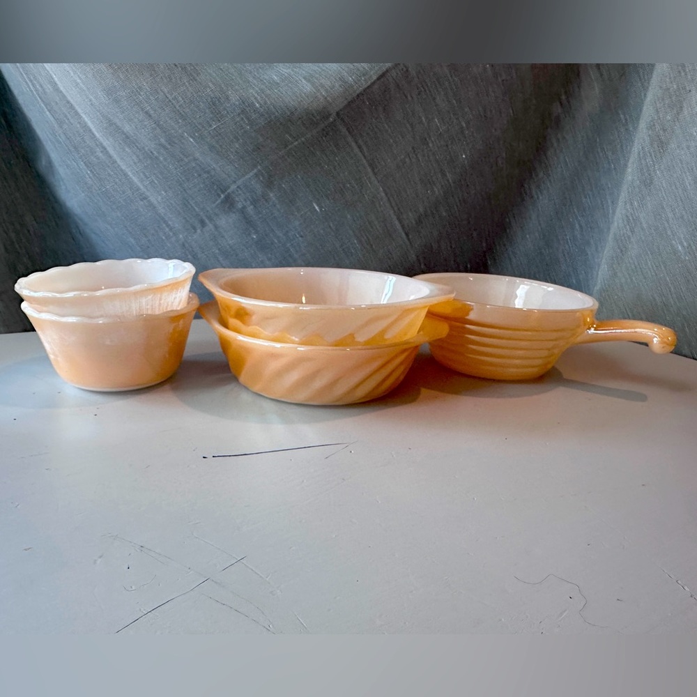 Fire King Glassware - Peach Lusterware Set 5 Bowls/Dishes